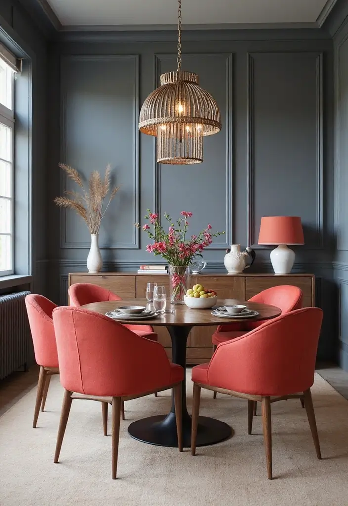 30 Dining Room Dark Color Palettes That Look Chic - 11. Cool Steel Gray and Vibrant Coral
