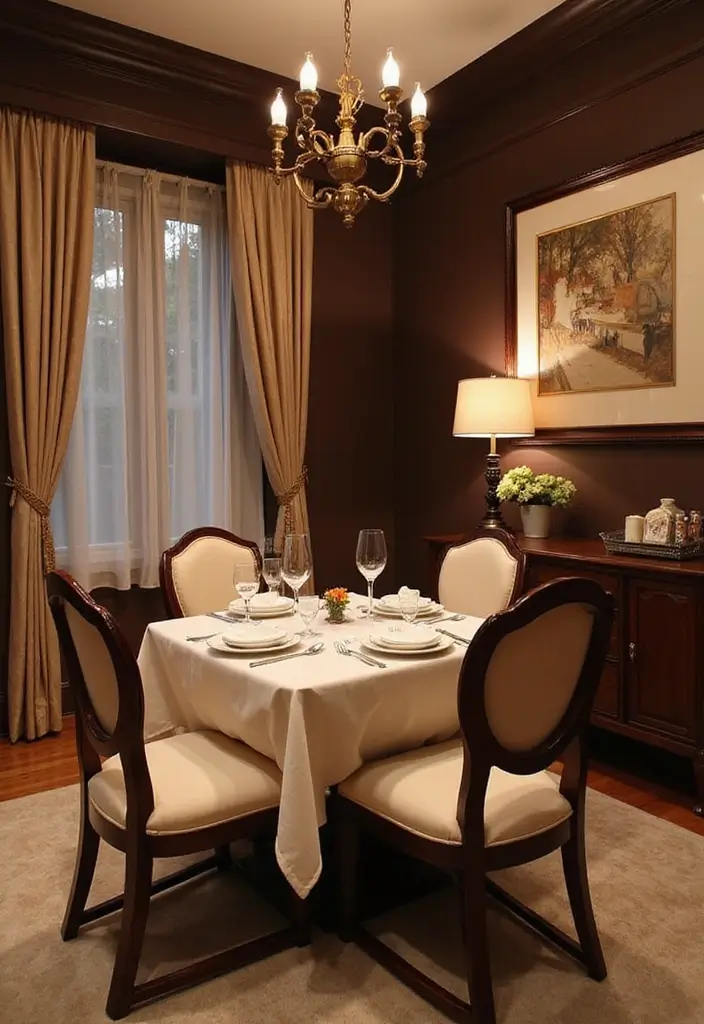 30 Dining Room Dark Color Palettes That Look Chic - 12. Elegant Chocolate Brown and Cream