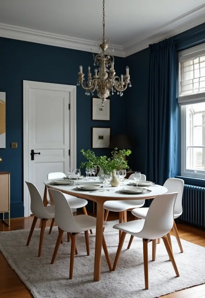 30 Dining Room Dark Color Palettes That Look Chic - 14. Moody Indigo and Crisp White