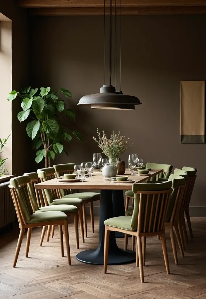 30 Dining Room Dark Color Palettes That Look Chic - 16. Dark Chocolate and Olive Green