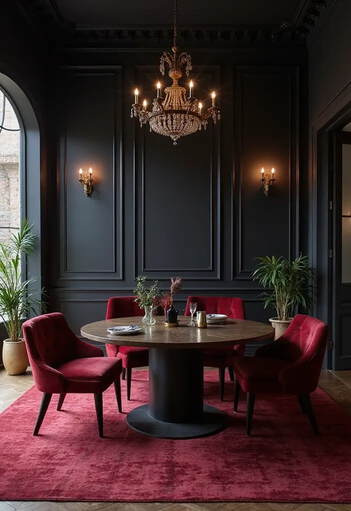 30 Dining Room Dark Color Palettes That Look Chic - 17. Midnight Black and Rich Ruby Red