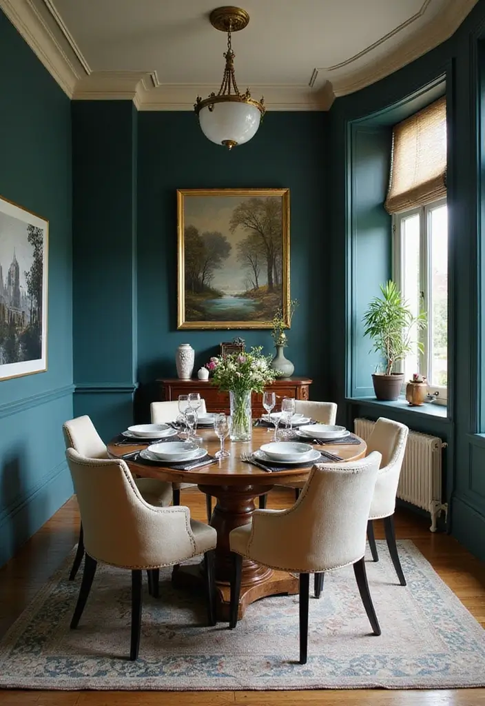 30 Dining Room Dark Color Palettes That Look Chic - 19. Dark Teal and Crisp Cream
