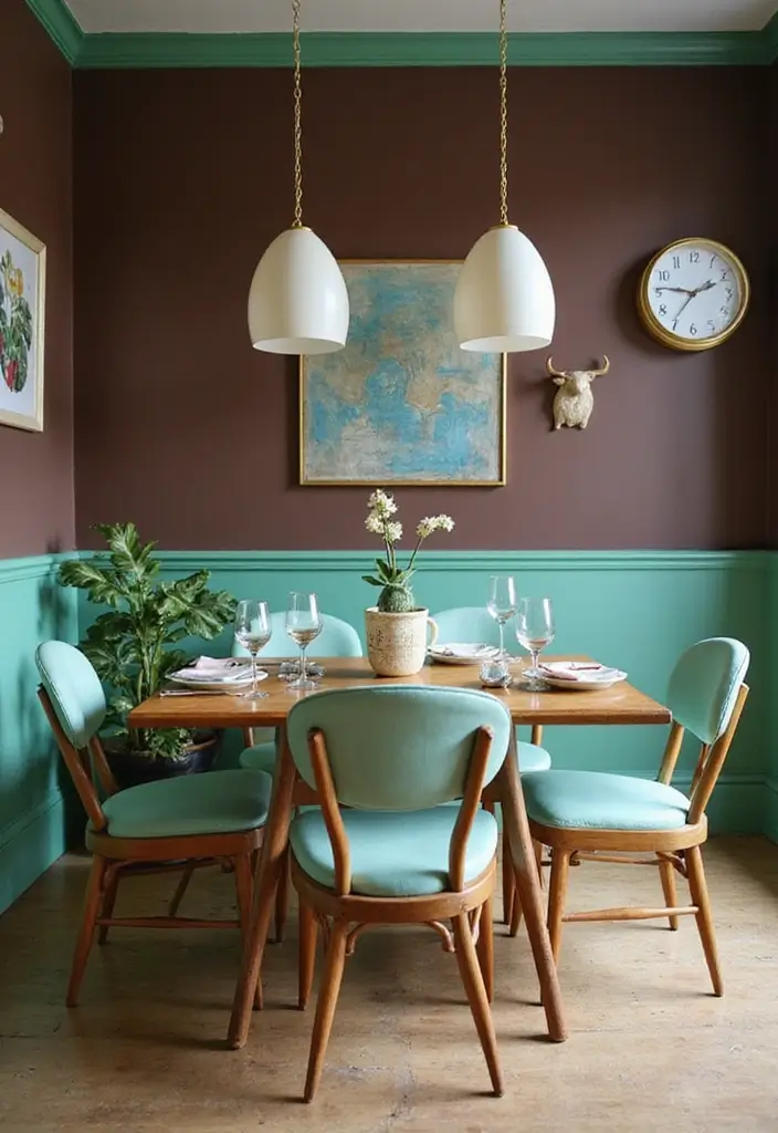 30 Dining Room Dark Color Palettes That Look Chic - 22. Dark Chocolate and Mint Green