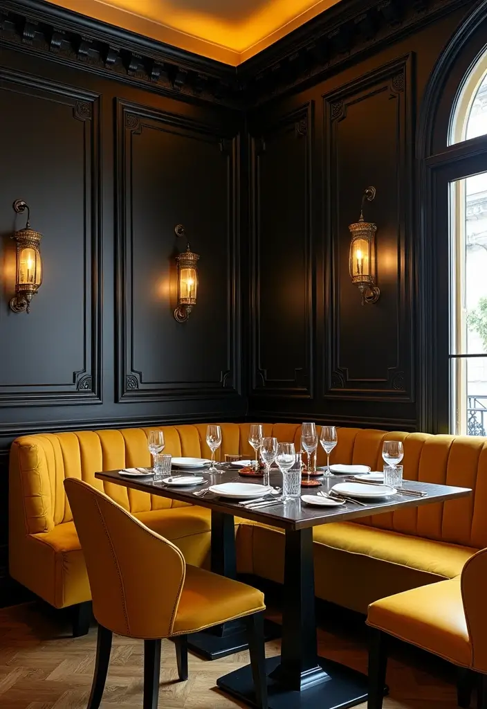30 Dining Room Dark Color Palettes That Look Chic - 23. Bold Black and Golden Yellow