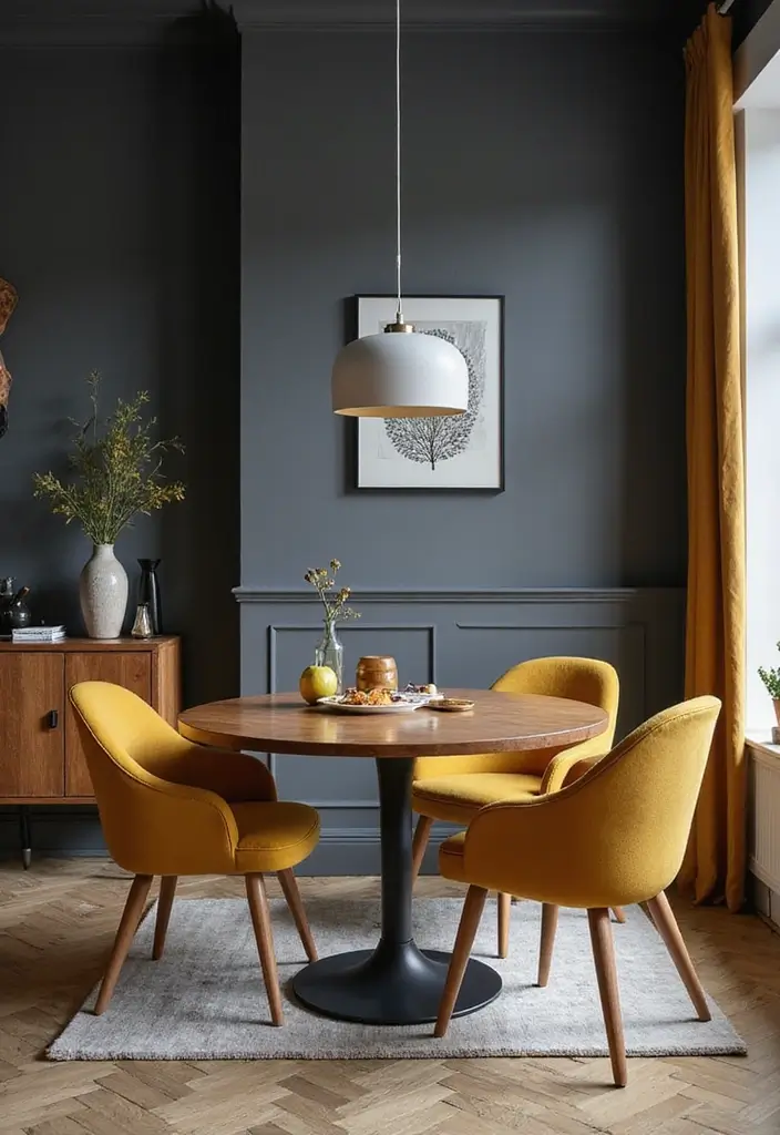 30 Dining Room Dark Color Palettes That Look Chic - 27. Charcoal Gray and Warm Mustard