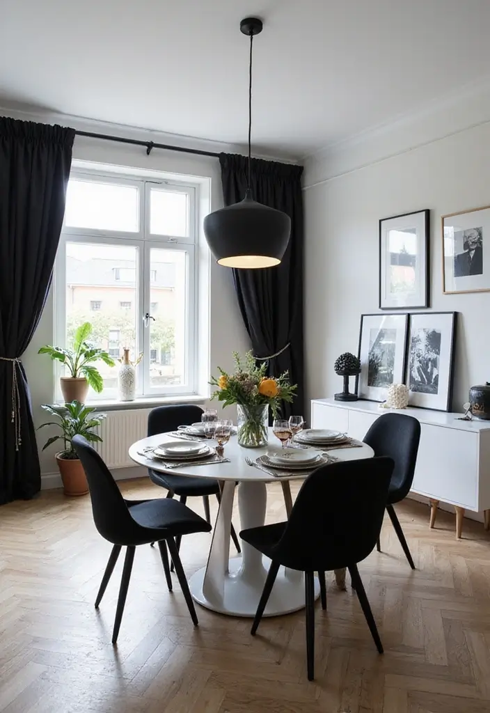 30 Dining Room Dark Color Palettes That Look Chic - 4. Bold Black and White