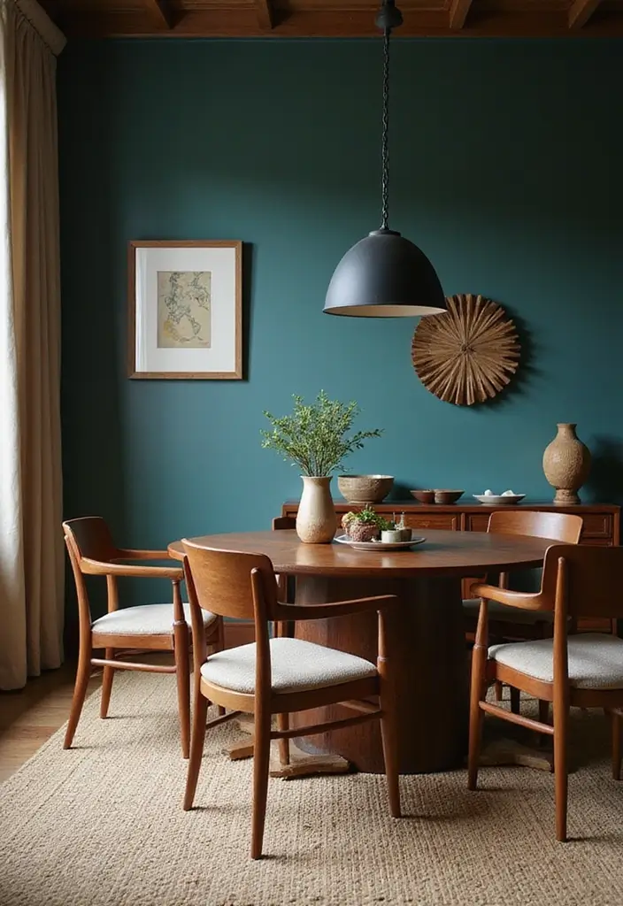 30 Dining Room Dark Color Palettes That Look Chic - 6. Deep Teal and Warm Brown