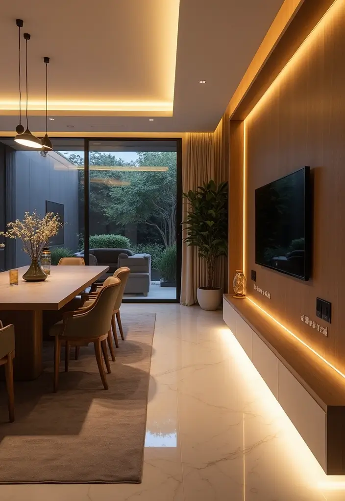 30 Living Room and Dining Room Partition Ideas That Work - 21. Partitioning with Lighting