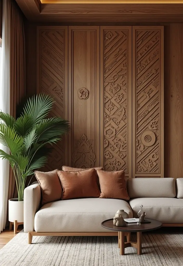 30 Living Room and Dining Room Partition Ideas That Work - 7. Artistic Wood Screens
