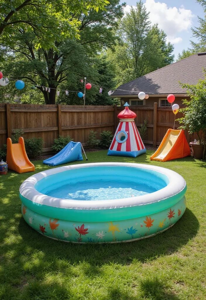 10 Backyard Blow Up Pool Ideas for Simple Cool Summer Fun - 5. Colorful Carnival Pool