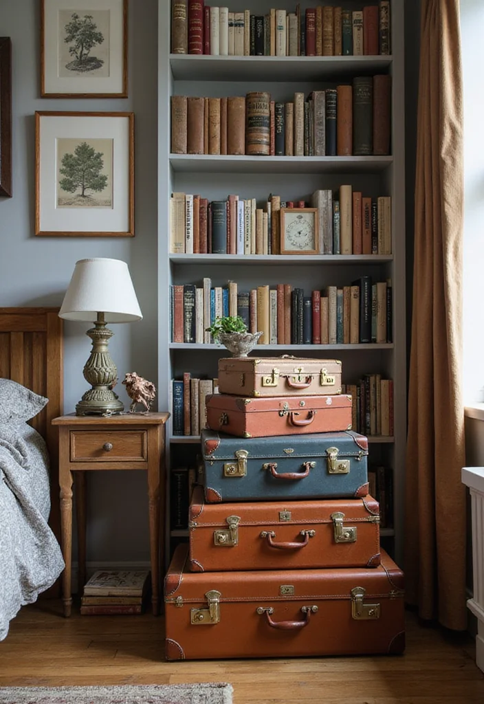 12 Bedroom Library Ideas for Cozy Warm Reading Retreats - 9. Vintage Suitcases as Storage