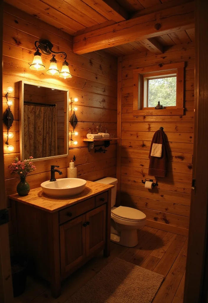 12 Cabin Bathroom Ideas for Cozy Rustic Nature Inspired Charm 8. Warm Lighting Fixtures