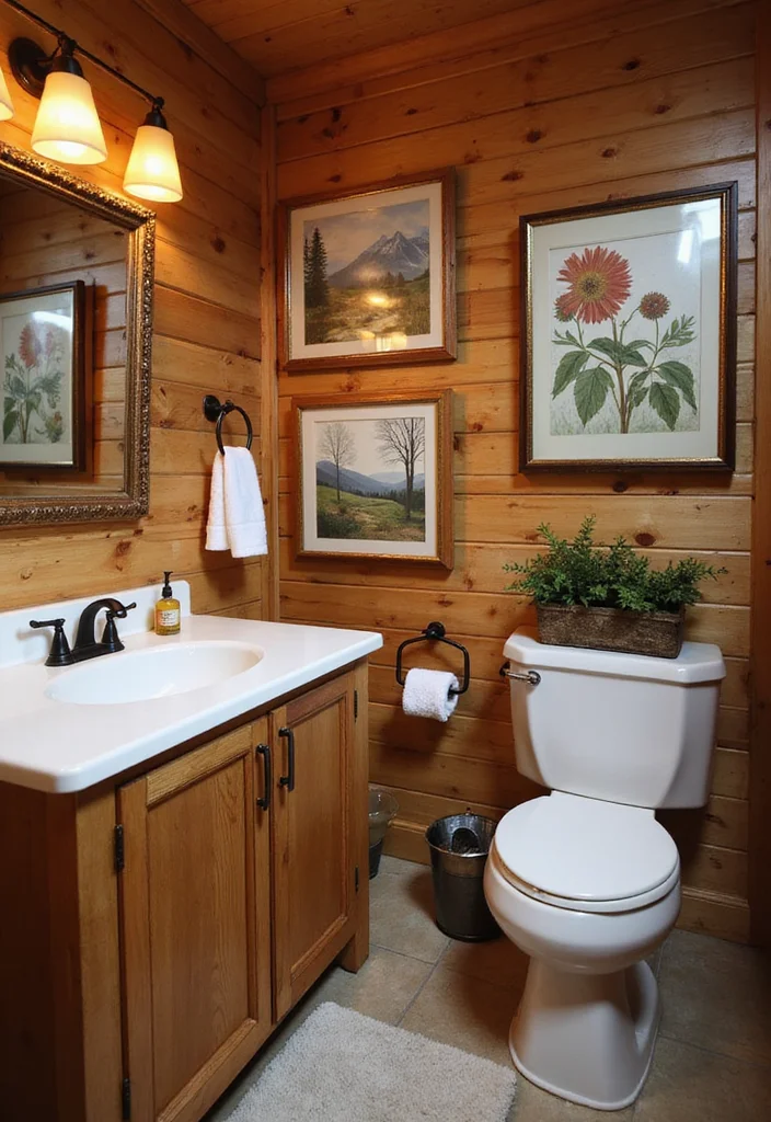 12 Cabin Bathroom Ideas for Cozy Rustic Nature Inspired Charm 9. Nature Inspired Artwork