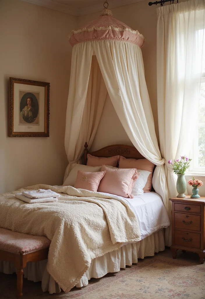 12 Cottagecore Bedroom Ideas for Sweet Cozy Pastel Charm - 2. Vintage Bed Canopy