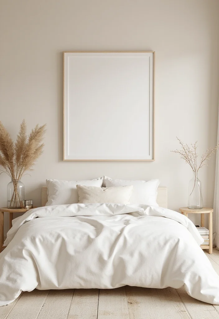 12 Cream Bedroom Ideas for Soft Warm Relaxing Comfort 10. Minimalist Artwork