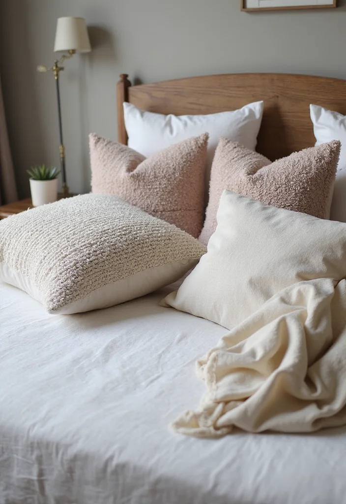 12 Cream Bedroom Ideas for Soft Warm Relaxing Comfort 8. Soft Throw Pillows