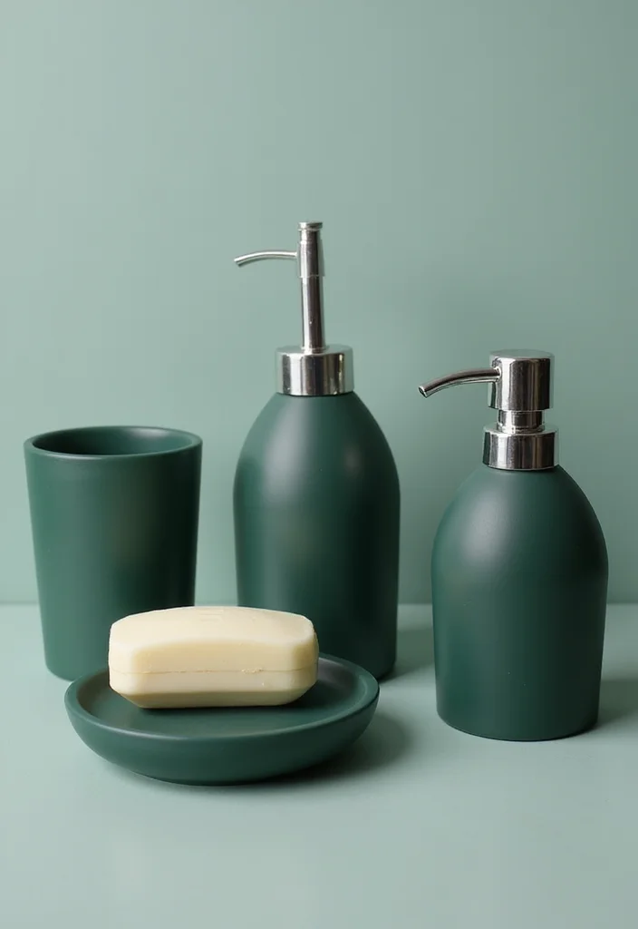 12 Dark Green Bathroom Ideas for Rich Calm Natural Depth - 12. Dark Green Accessories