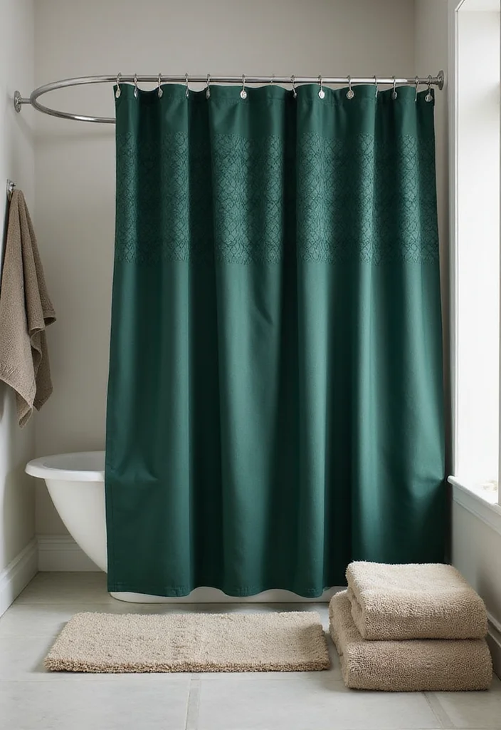 12 Dark Green Bathroom Ideas for Rich Calm Natural Depth - 5. Dark Green Shower Curtain