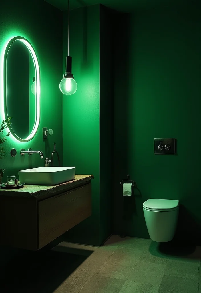 12 Dark Green Bathroom Ideas for Rich Calm Natural Depth - 9. Green Lighting Fixtures