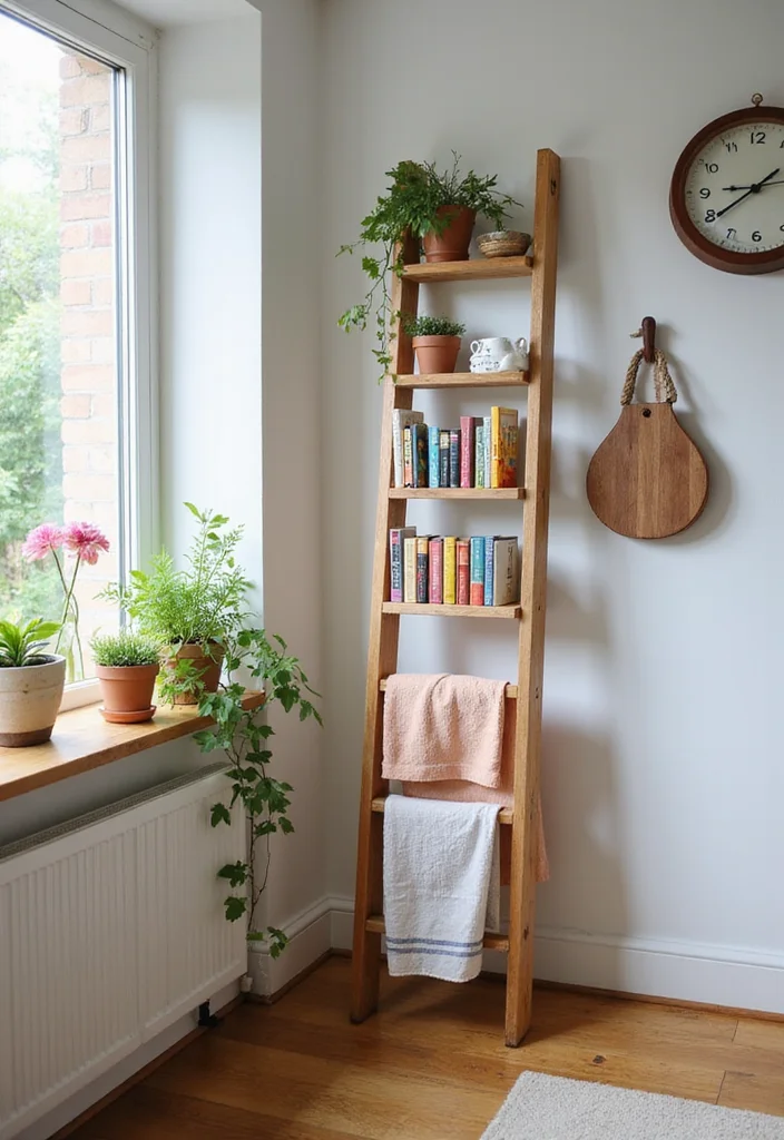 12 Kitchen Corner Decor Ideas for Pretty Functional Accents 45 12 Kitchen Corner Decor Ideas for Pretty Functional Accents 5. Decorative Corner Ladder for Storage Display