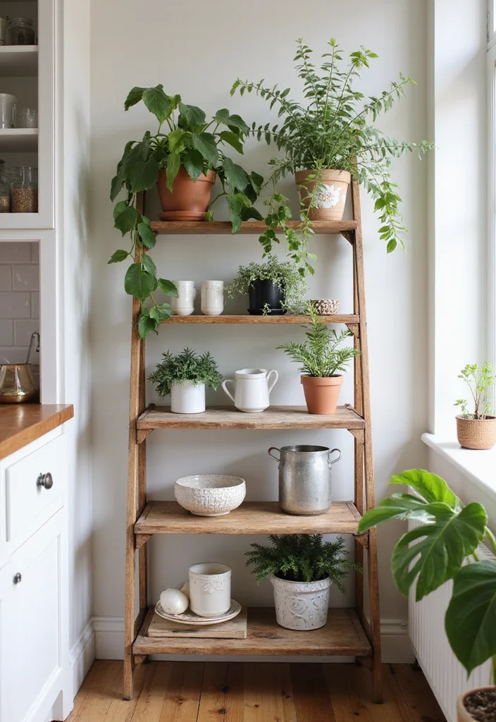 12 Kitchen Corner Decor Ideas for Pretty Functional Accents 78 12 Kitchen Corner Decor Ideas for Pretty Functional Accents 8. Decorative Ladder Shelf for Corner Highlight