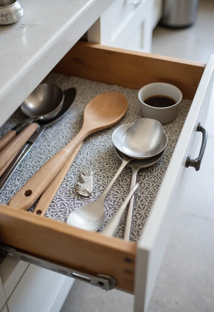12 Kitchen Drawer Ideas for Organized Efficient Storage 7. Drawer Liners for Added Style
