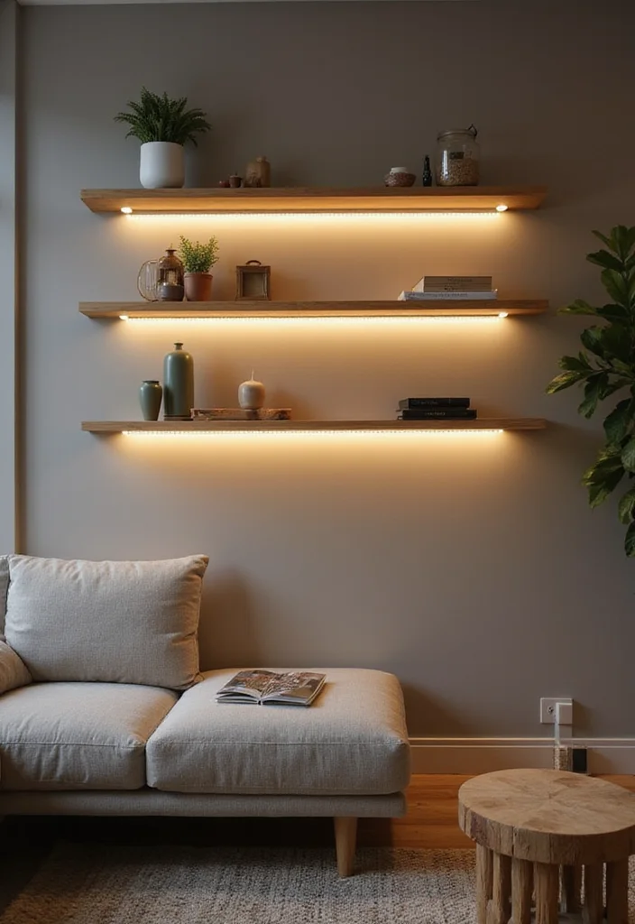 12 Living Room Floating Shelf Decor Ideas for Clean Modern Displays - 12. Floating Shelf Lighting
