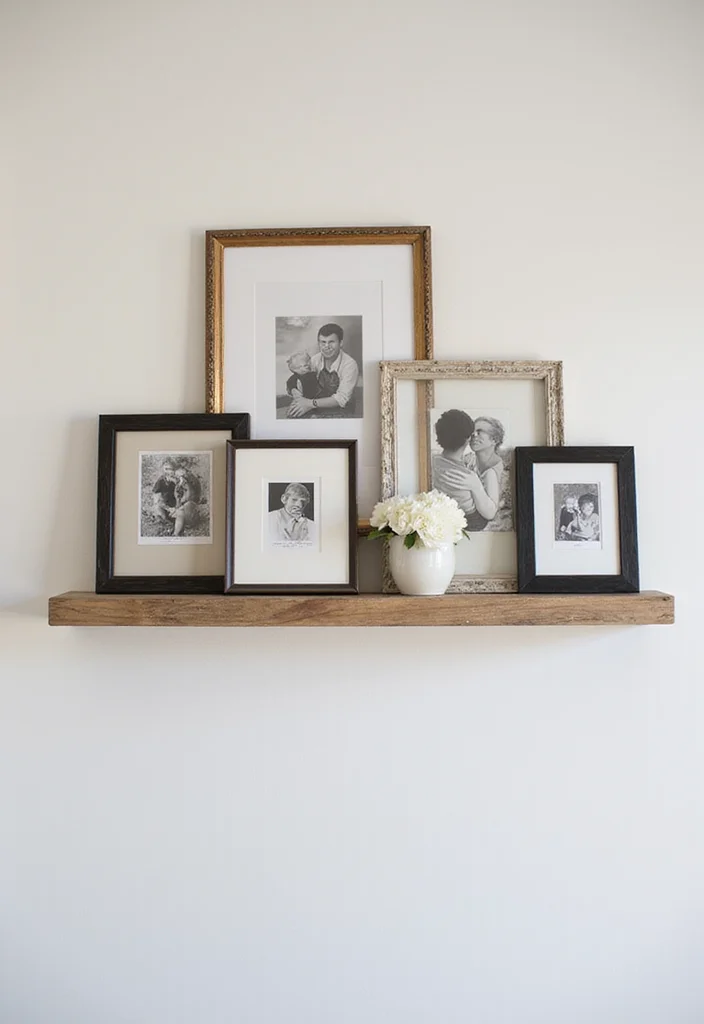 12 Living Room Floating Shelf Decor Ideas for Clean Modern Displays - 2. Layered Frames for Artful Displays