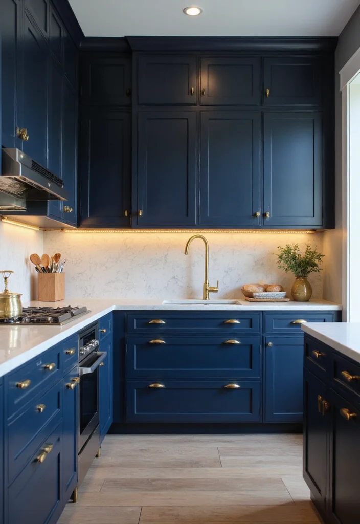 12 Navy Blue Kitchen Ideas for Deep Modern Sophisticated Color 1. Navy Blue Cabinets with Gold Hardware