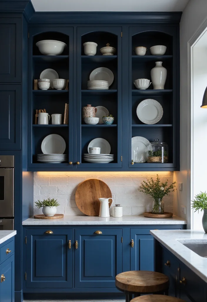 12 Navy Blue Kitchen Ideas for Deep Modern Sophisticated Color 6. Navy Blue Open Shelving