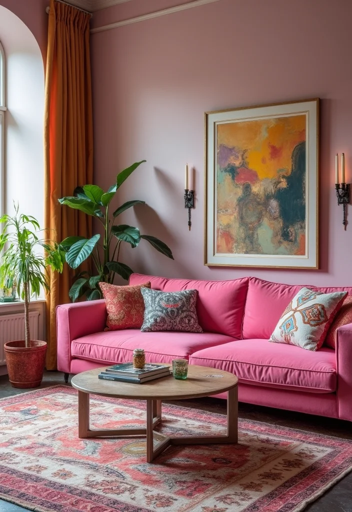 12 Pink Sofa Living Room Ideas for Playful Bright Chic Style - 11. Dynamic Patterns