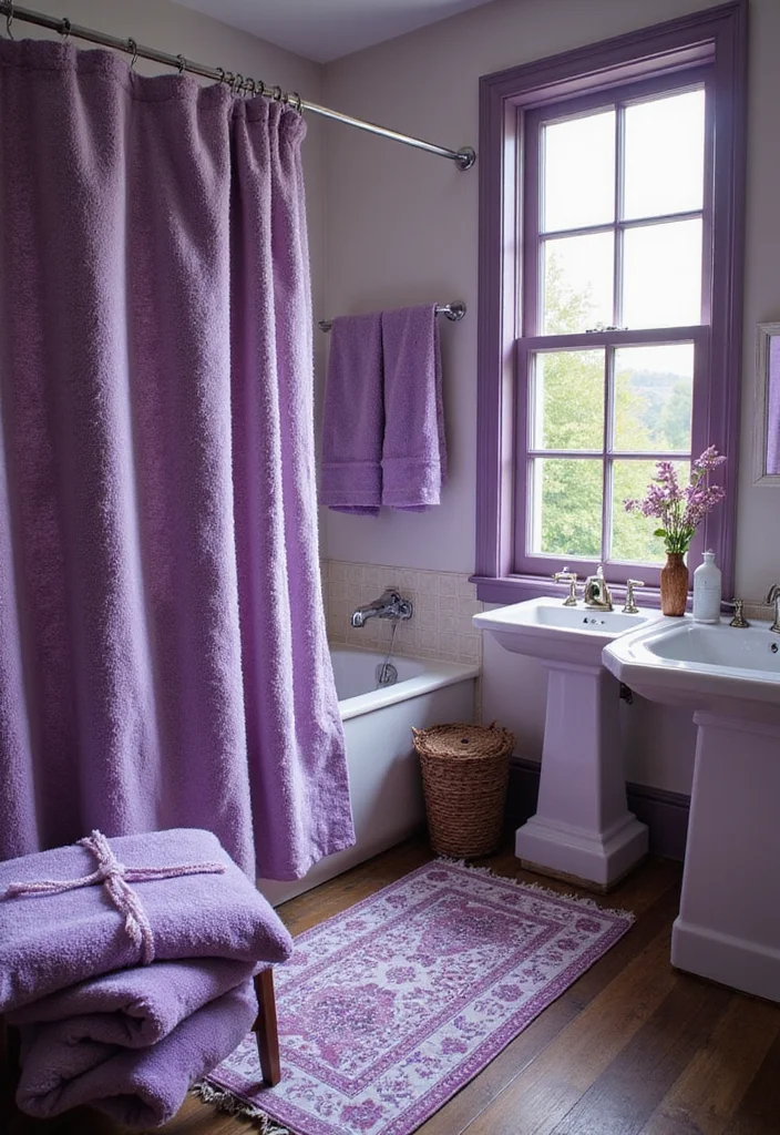 12 Purple Bathroom Ideas for Soft Elegant Bold Style - 11. Layered Purple Textiles