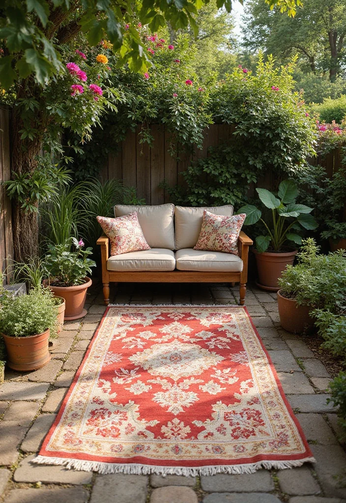 12 Vintage Backyard Ideas for Charming Timeless Outdoor Style 11. Vintage Outdoor Rugs
