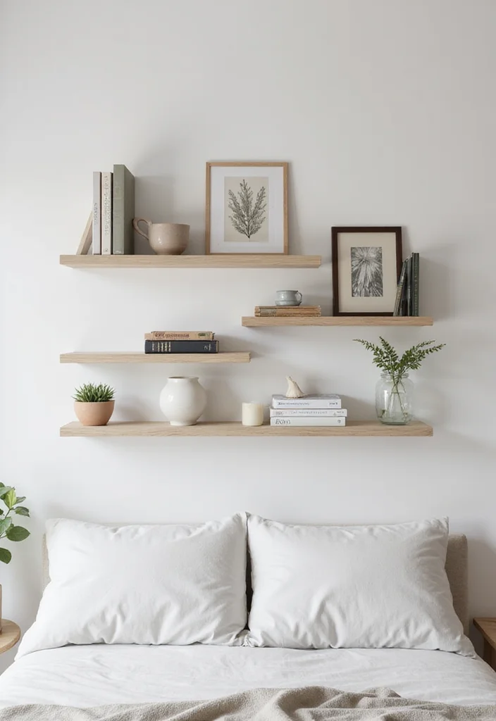 12 Wall Shelf Ideas Bedroom for Simple Clean Organized Display - 1. Floating Shelves: Airy and Chic