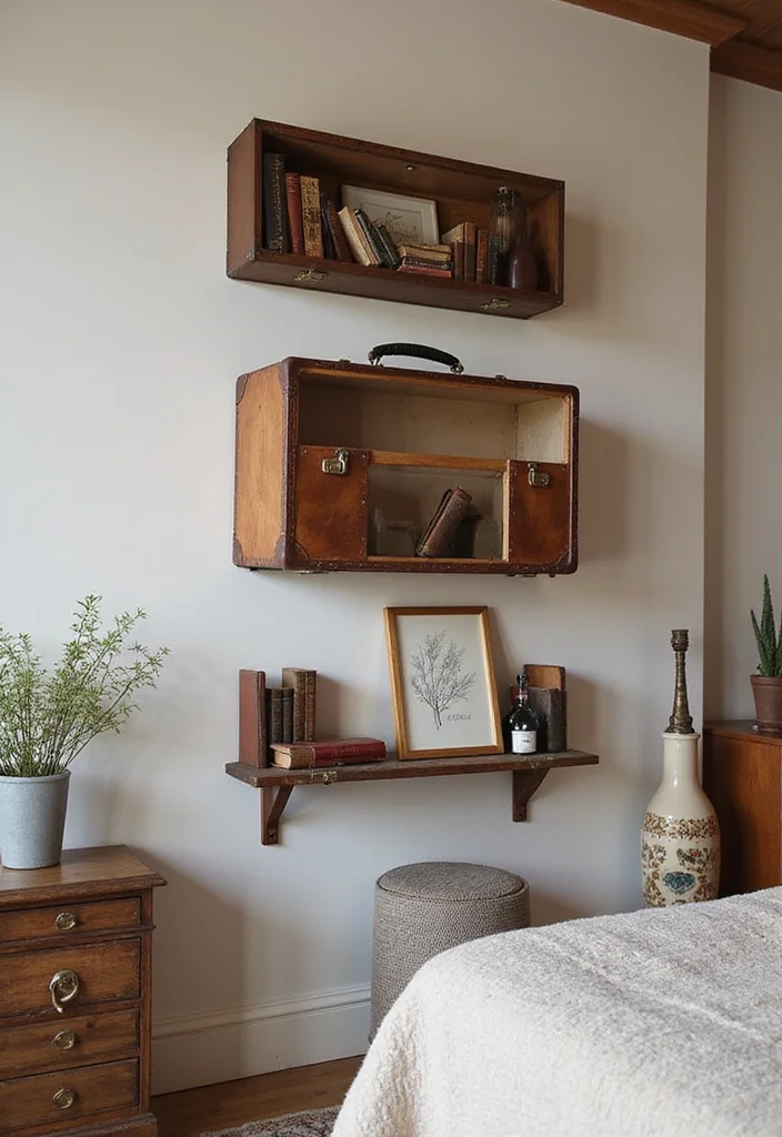 12 Wall Shelf Ideas Bedroom for Simple Clean Organized Display - 11. Vintage Suitcase Shelves: A Unique Touch
