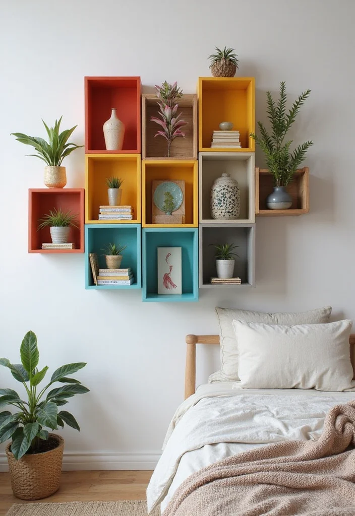 12 Wall Shelf Ideas Bedroom for Simple Clean Organized Display - 7. Wall-Mounted Cube Shelves: Modular and Fun