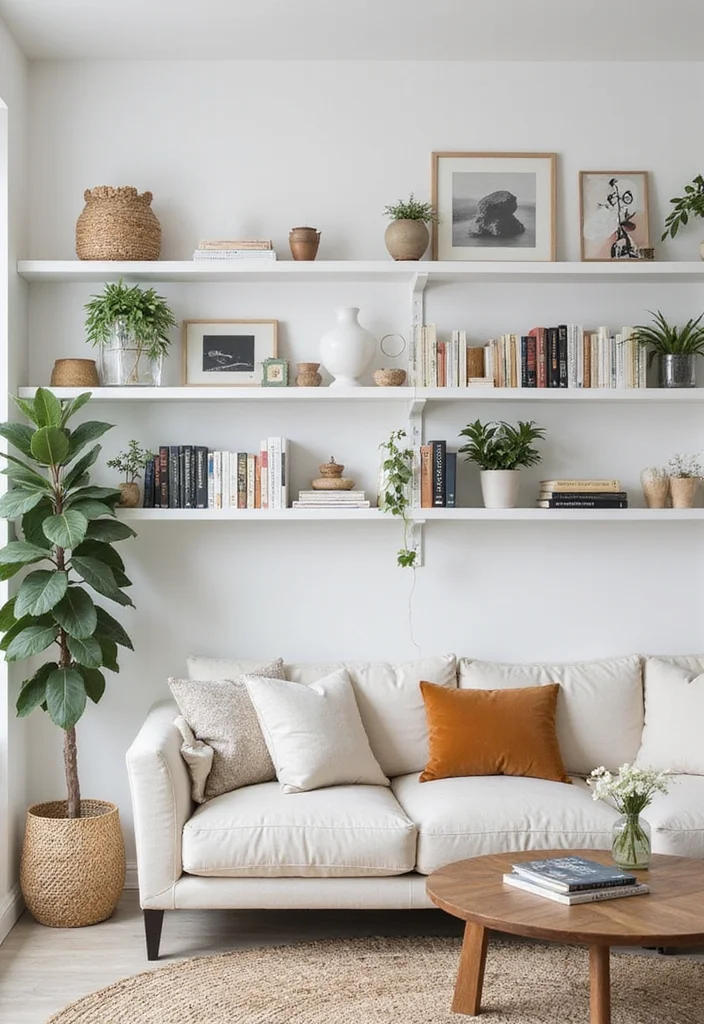 12 White Wall Living Room Ideas for Bright Fresh Minimal Style - 6. Open Shelving Displays