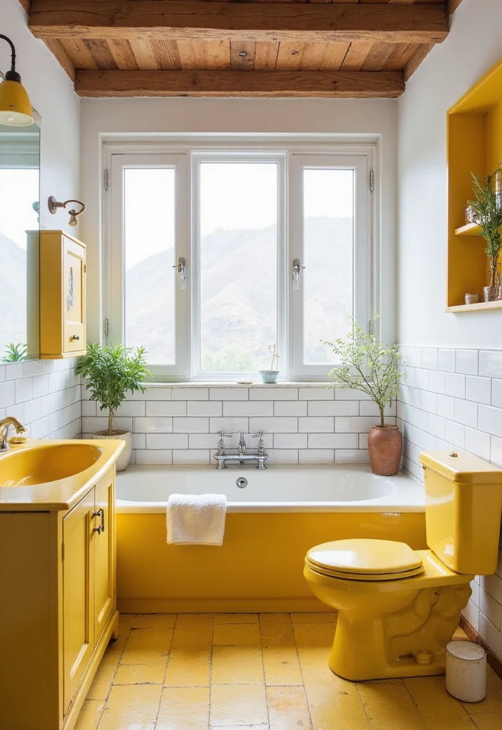 12 Yellow Bathroom Ideas for Bright Cheerful Sunny Energy - 11. Retro Yellow Bathroom Fixtures
