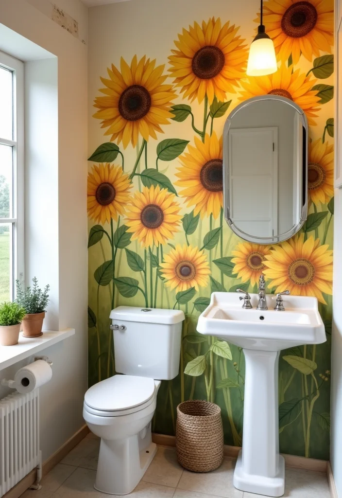 12 Yellow Bathroom Ideas for Bright Cheerful Sunny Energy - 3. Vibrant Sunflower Mural