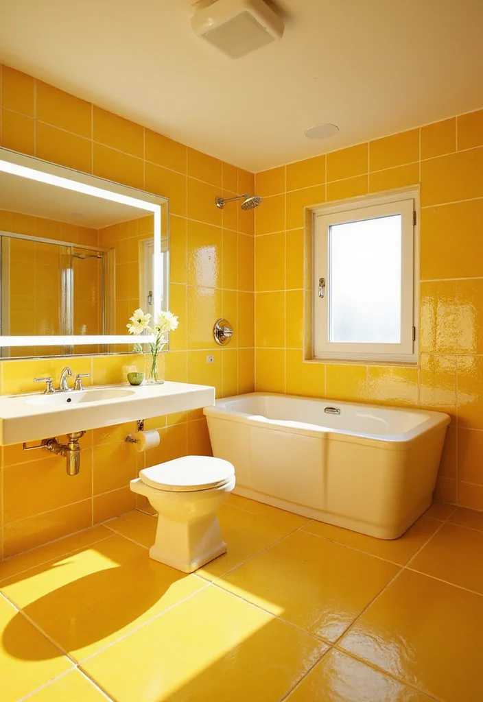 12 Yellow Bathroom Ideas for Bright Cheerful Sunny Energy - 4. Sunshine Yellow Tile