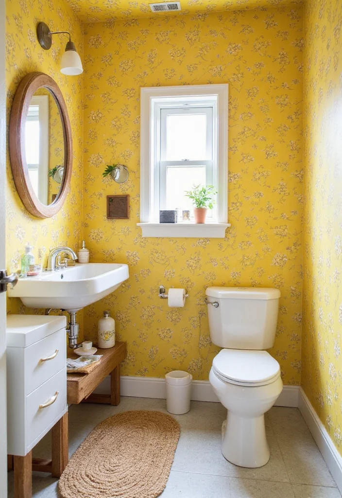12 Yellow Bathroom Ideas for Bright Cheerful Sunny Energy - 6. Cheerful Yellow Wallpaper